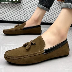 Men's Orange and Blue Suede Driving Loafers with Tassel Detail and Non-Slip Rubber Sole - Stylish and Comfortable for Casual and Driving Wear