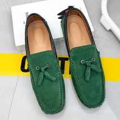 Men's Orange and Blue Suede Driving Loafers with Tassel Detail and Non-Slip Rubber Sole - Stylish and Comfortable for Casual and Driving Wear