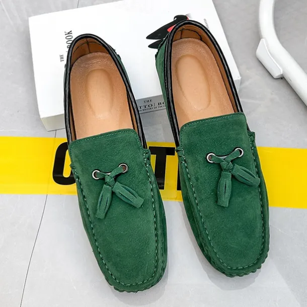 Men's Orange and Blue Suede Driving Loafers with Tassel Detail and Non-Slip Rubber Sole - Stylish and Comfortable for Casual and Driving Wear