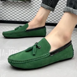 Men's Orange and Blue Suede Driving Loafers with Tassel Detail and Non-Slip Rubber Sole - Stylish and Comfortable for Casual and Driving Wear