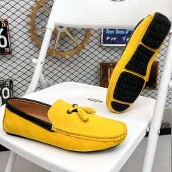 Men's Orange and Blue Suede Driving Loafers with Tassel Detail and Non-Slip Rubber Sole - Stylish and Comfortable for Casual and Driving Wear