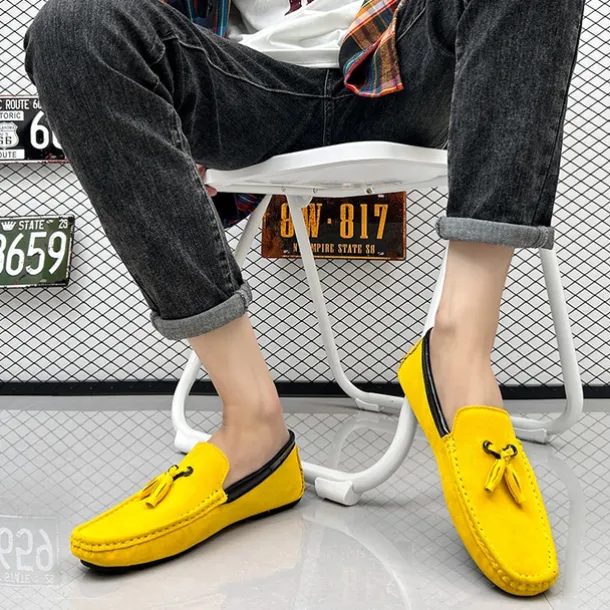 Men's Orange and Blue Suede Driving Loafers with Tassel Detail and Non-Slip Rubber Sole - Stylish and Comfortable for Casual and Driving Wear