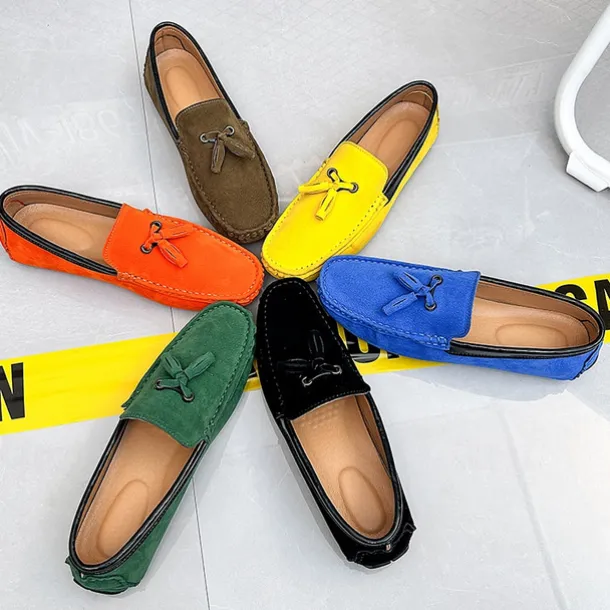 Men's Orange and Blue Suede Driving Loafers with Tassel Detail and Non-Slip Rubber Sole - Stylish and Comfortable for Casual and Driving Wear