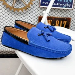 Men's Orange and Blue Suede Driving Loafers with Tassel Detail and Non-Slip Rubber Sole - Stylish and Comfortable for Casual and Driving Wear