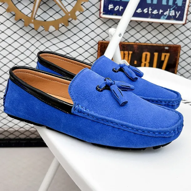 Men's Orange and Blue Suede Driving Loafers with Tassel Detail and Non-Slip Rubber Sole - Stylish and Comfortable for Casual and Driving Wear