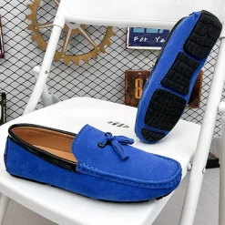 Men's Orange and Blue Suede Driving Loafers with Tassel Detail and Non-Slip Rubber Sole - Stylish and Comfortable for Casual and Driving Wear