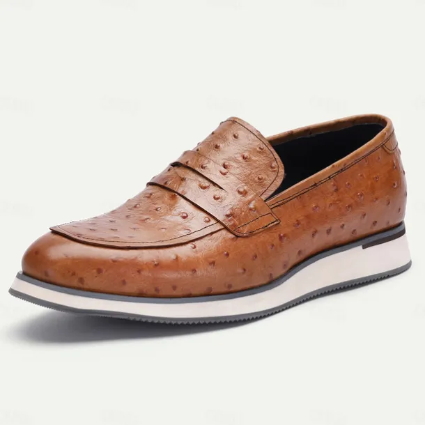 Men's Ostrich Pattern Leather Loafers - Premium Cowhide Slip-On Dress Shoes for Formal and Casual Wear