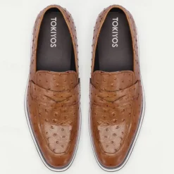 Men's Ostrich Pattern Leather Loafers - Premium Cowhide Slip-On Dress Shoes for Formal and Casual Wear