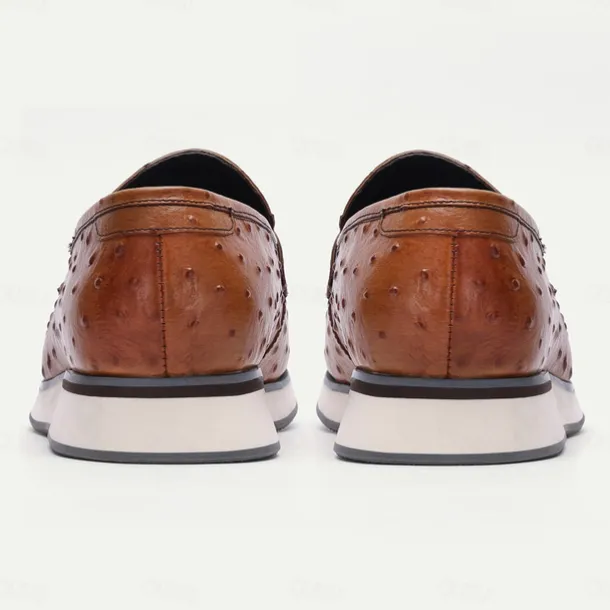 Men's Ostrich Pattern Leather Loafers - Premium Cowhide Slip-On Dress Shoes for Formal and Casual Wear
