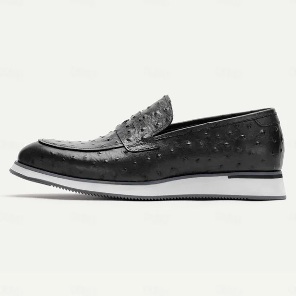 Men's Ostrich Pattern Leather Loafers - Premium Cowhide Slip-On Dress Shoes for Formal and Casual Wear