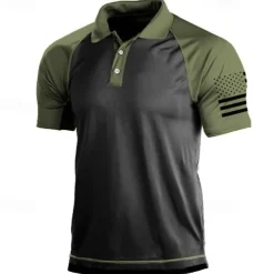 Men's Outdoor American Flag Tactical Sport Golf Neck T-Shirt Golf Shirt Tee shirt Short Sleeve Shirt Top Outdoor Breathable Quick Dry Lightweight Summer Black Green Grey Hunting Fishing Combat