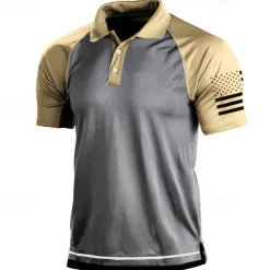 Men's Outdoor American Flag Tactical Sport Golf Neck T-Shirt Golf Shirt Tee shirt Short Sleeve Shirt Top Outdoor Breathable Quick Dry Lightweight Summer Black Green Grey Hunting Fishing Combat