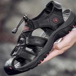 Men's Outdoor Beach Sandals, Genuine Leather with Velcro Closure, Breathable and Comfortable