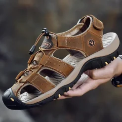 Men's Outdoor Beach Sandals, Genuine Leather with Velcro Closure, Breathable and Comfortable