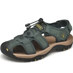 Men's Outdoor Beach Sandals, Genuine Leather with Velcro Closure, Breathable and Comfortable