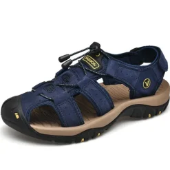 Men's Outdoor Beach Sandals, Genuine Leather with Velcro Closure, Breathable and Comfortable