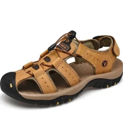 Men's Outdoor Beach Sandals, Genuine Leather with Velcro Closure, Breathable and Comfortable