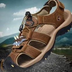 Men's Outdoor Beach Sandals, Genuine Leather with Velcro Closure, Breathable and Comfortable