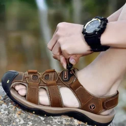 Men's Outdoor Beach Sandals, Genuine Leather with Velcro Closure, Breathable and Comfortable