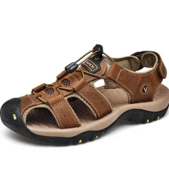 Men's Outdoor Beach Sandals, Genuine Leather with Velcro Closure, Breathable and Comfortable