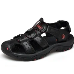 Men's Outdoor Beach Sandals, Genuine Leather with Velcro Closure, Breathable and Comfortable