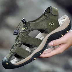 Men's Outdoor Beach Sandals, Genuine Leather with Velcro Closure, Breathable and Comfortable