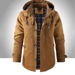 Men's Outdoor Daily Wear Warm Button Pocket Fall Winter Plain Fashion Streetwear Hooded Regular Black Brown Beige Jacket