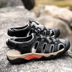 Men's Outdoor Hiking Sandals - Breathable Closed-Toe Design, Adjustable Lace-Up Straps, Anti-Slip Sole, Comfortable Summer Footwear for Trekking and Camping