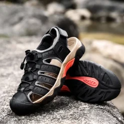 Men's Outdoor Hiking Sandals - Breathable Closed-Toe Design, Adjustable Lace-Up Straps, Anti-Slip Sole, Comfortable Summer Footwear for Trekking and Camping