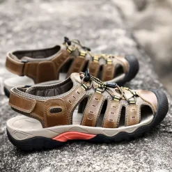 Men's Outdoor Hiking Sandals - Breathable Closed-Toe Design, Adjustable Lace-Up Straps, Anti-Slip Sole, Comfortable Summer Footwear for Trekking and Camping