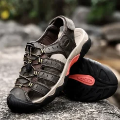 Men's Outdoor Hiking Sandals - Breathable Closed-Toe Design, Adjustable Lace-Up Straps, Anti-Slip Sole, Comfortable Summer Footwear for Trekking and Camping