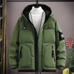 Men's Outdoor Jacket Winter Coat Puffer Jacket Parka Sports & Outdoor Warm Fall & Winter Solid / Plain Color Hooded Short Black White Khaki Army Green Jacket