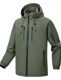 Men's Outdoor Jacket Zipper Pocket Multiple Pockets Spring Fall Winter Solid Color Sports Neutral Hooded Black White Army Green Rose Red Jacket