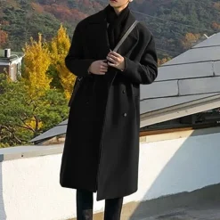 Men's Overcoat Trench Coat Long Trench Coat Vacation Daily Fall & Winter Polyester Thermal Warm Windproof Outerwear Clothing Apparel Fashion Classic Plain Pocket Lapel Double Breasted