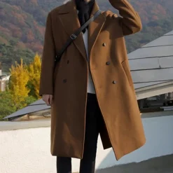 Men's Overcoat Trench Coat Long Trench Coat Vacation Daily Fall & Winter Polyester Thermal Warm Windproof Outerwear Clothing Apparel Fashion Classic Plain Pocket Lapel Double Breasted