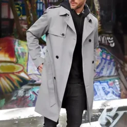 Men's Overcoat Trench Coat Long Trench Coat Daily Vacation Fall & Winter Polyester Windproof Soft Outerwear Clothing Apparel Fashion Classic Plain Pocket Lapel Double Breasted