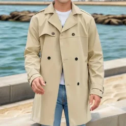 Men's Overcoat Trench Coat Long Trench Coat Daily Vacation Fall & Winter Polyester Windproof Soft Outerwear Clothing Apparel Fashion Classic Plain Pocket Lapel Double Breasted