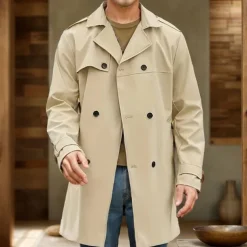 Men's Overcoat Trench Coat Long Trench Coat Daily Vacation Fall & Winter Polyester Windproof Soft Outerwear Clothing Apparel Fashion Classic Plain Pocket Lapel Double Breasted