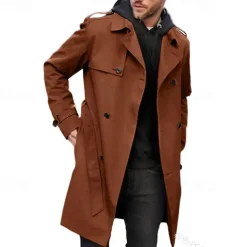 Men's Overcoat Trench Coat Long Trench Coat Daily Vacation Fall & Winter Polyester Windproof Soft Outerwear Clothing Apparel Fashion Classic Plain Pocket Lapel Double Breasted