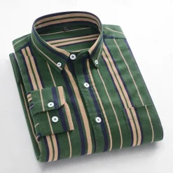 Men's Oxford Shirt Brown Green Dark Grey Taupe Long Sleeve Color Block Striped Button Down Collar School Wedding Buttons Clothing Apparel Neutral Fashion Daily