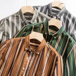 Men's Oxford Shirt Brown Green Dark Grey Taupe Long Sleeve Color Block Striped Button Down Collar School Wedding Buttons Clothing Apparel Neutral Fashion Daily