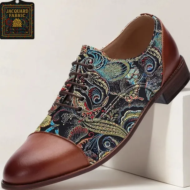 Men's Paisley Print Oxford Shoes with Faux Leather Toe Cap and Heel – Retro Style Lace-Up Dress Shoes for Formal Occasions