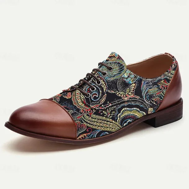 Men's Paisley Print Oxford Shoes with Faux Leather Toe Cap and Heel – Retro Style Lace-Up Dress Shoes for Formal Occasions