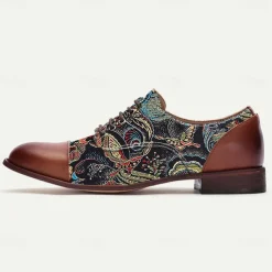 Men's Paisley Print Oxford Shoes with Faux Leather Toe Cap and Heel – Retro Style Lace-Up Dress Shoes for Formal Occasions