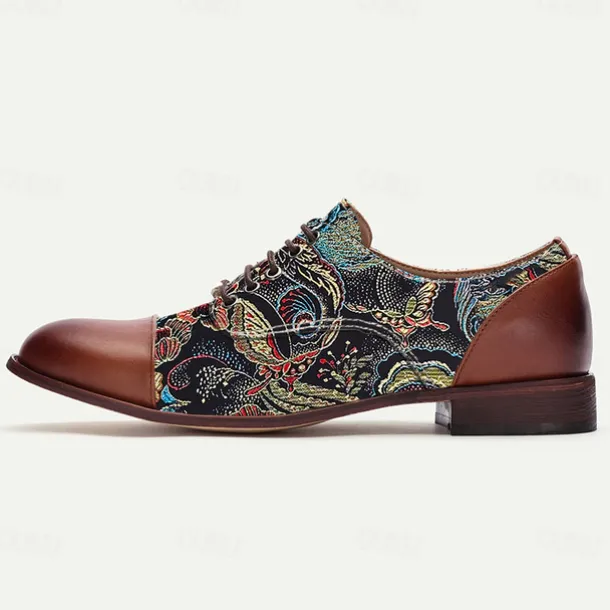 Men's Paisley Print Oxford Shoes with Faux Leather Toe Cap and Heel – Retro Style Lace-Up Dress Shoes for Formal Occasions