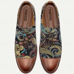 Men's Paisley Print Oxford Shoes with Faux Leather Toe Cap and Heel – Retro Style Lace-Up Dress Shoes for Formal Occasions