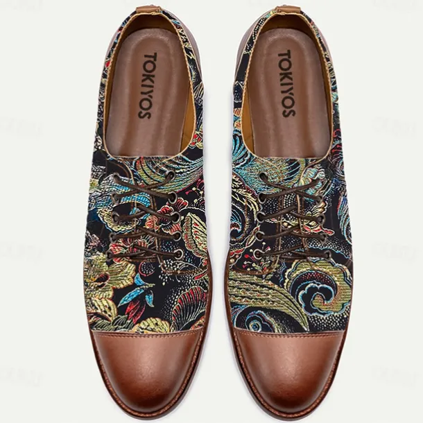 Men's Paisley Print Oxford Shoes with Faux Leather Toe Cap and Heel – Retro Style Lace-Up Dress Shoes for Formal Occasions