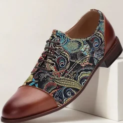 Men's Paisley Print Oxford Shoes with Faux Leather Toe Cap and Heel – Retro Style Lace-Up Dress Shoes for Formal Occasions