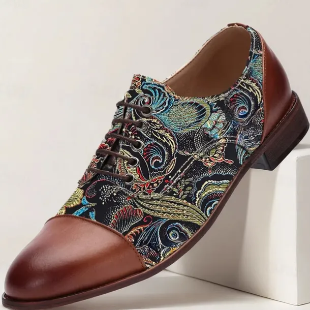 Men's Paisley Print Oxford Shoes with Faux Leather Toe Cap and Heel – Retro Style Lace-Up Dress Shoes for Formal Occasions