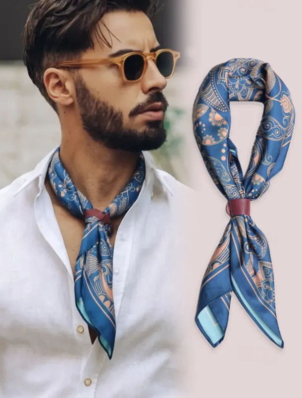 Men's Paisley Print Square Neck Scarf with Leather Buckle, Vintage Style Polyester Bandana for Outdoor Travel, Parties and Daily Fashion